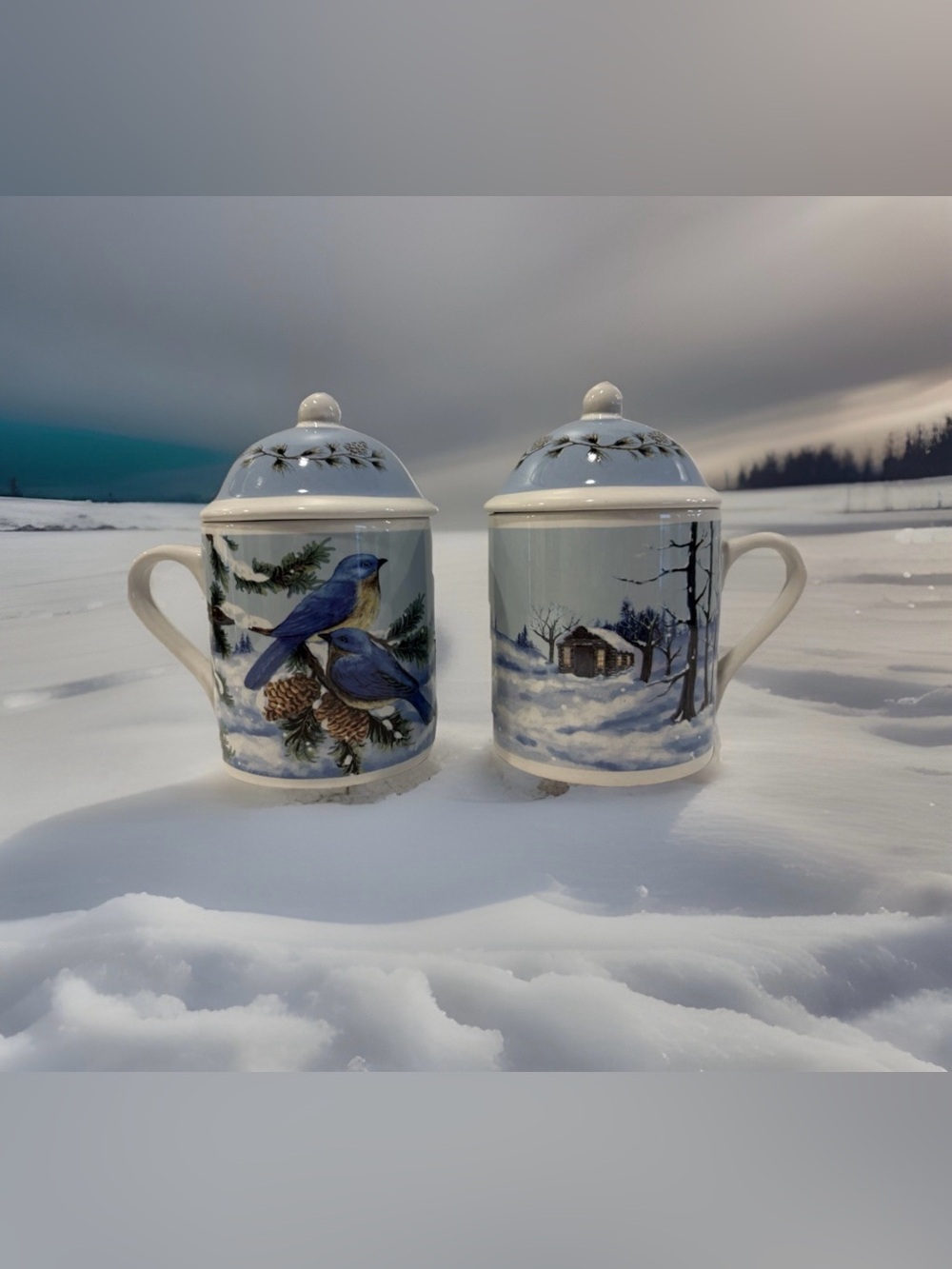 2 Covered Ceramic Coffee Mugs Winter Scene/Blue Birds 14 Oz MSI Domed Lids